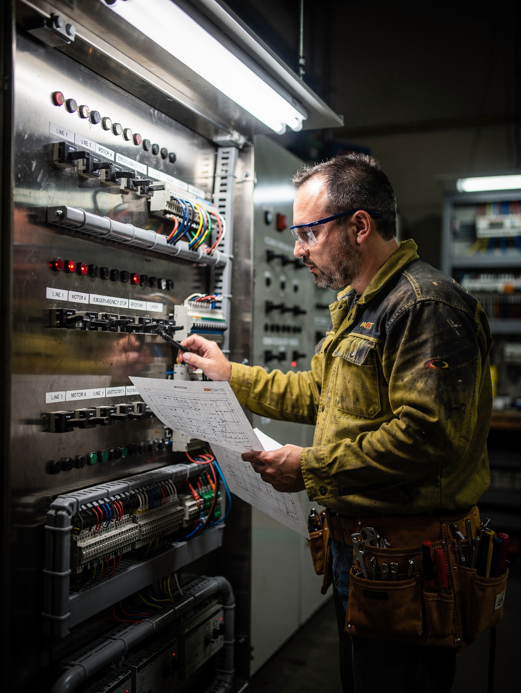 Licensed electrician working on a complex electrical panel